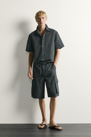STRIPED COTTON/LINEN DENIM CARGO BERMUDA SHORTS - blue/black by Zara