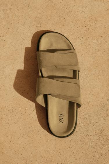 Zara 雙帶飾真皮涼鞋 - 棕色