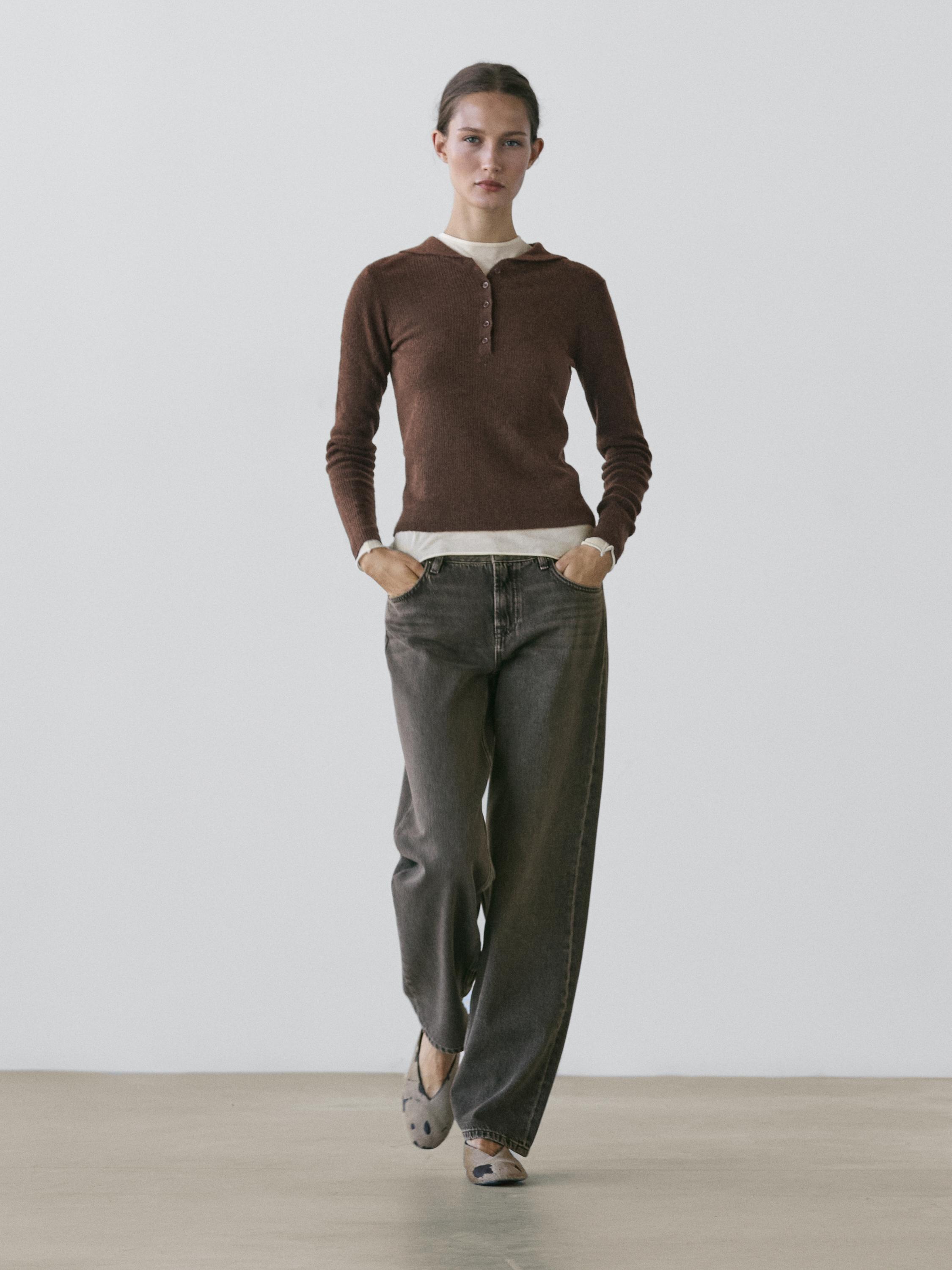 Melange knit polo sweater with collar detail