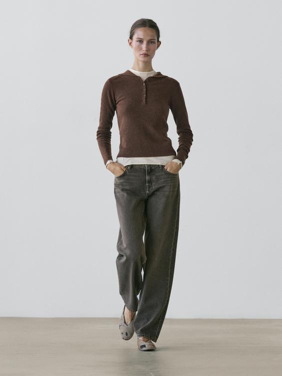 Melange knit polo sweater with collar detail
