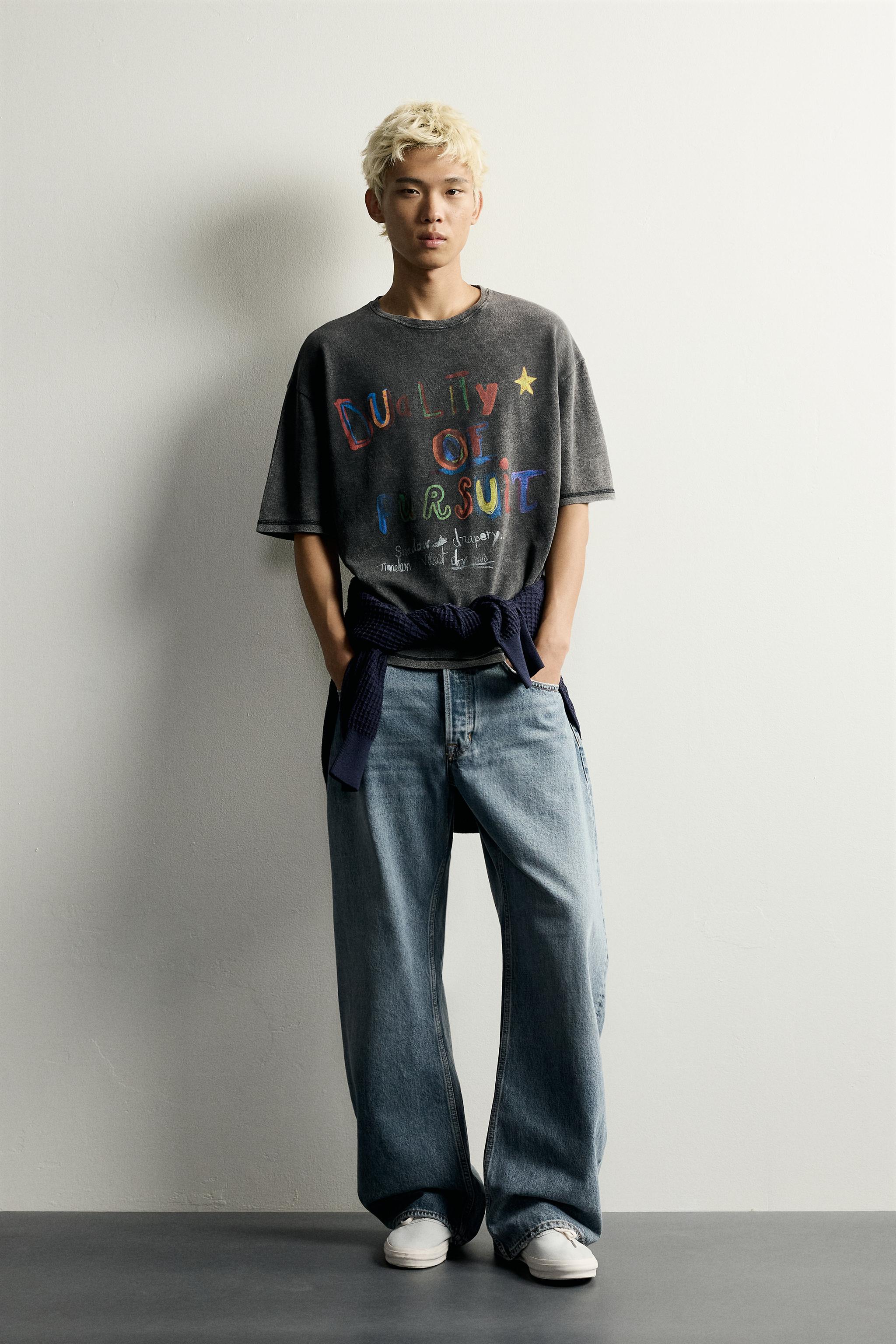WASHED PRINTED KNIT T-SHIRT — Faded black