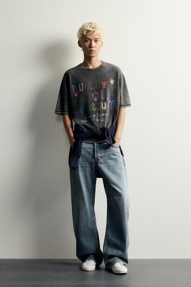 WASHED PRINTED KNIT T-SHIRT - Faded black by Zara - Image 0