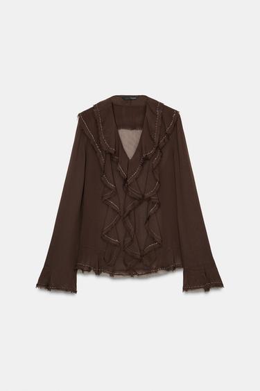 ZW COLLECTION BEADED RUFFLED BLOUSE - Brown by Zara