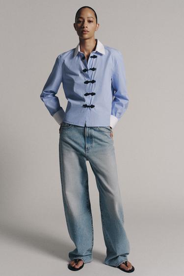ZW COLLECTION STRIPED SHIRT WITH FROG FASTENING - Blue/White by Zara