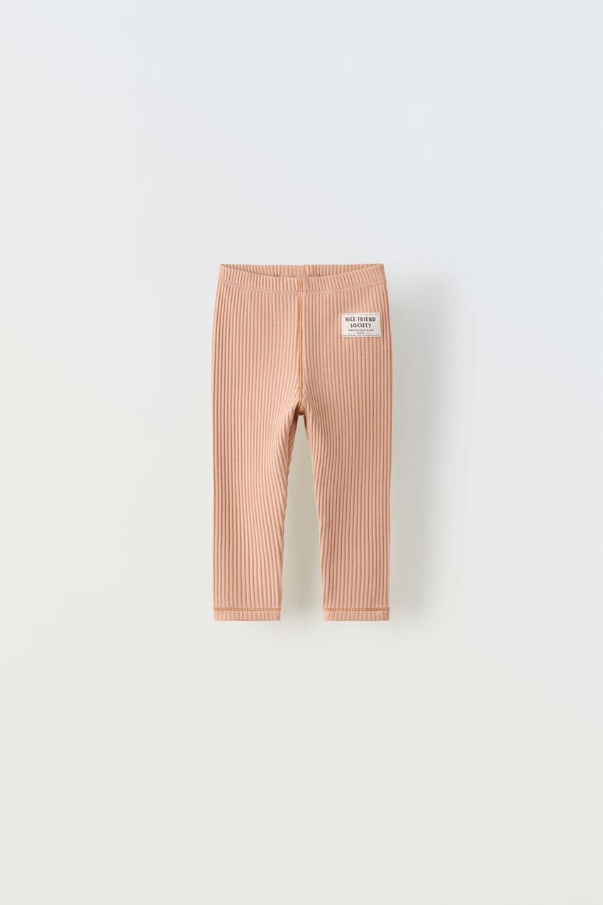TEXTURED RIBBED LEGGINGS WITH LABEL - Tobacco
