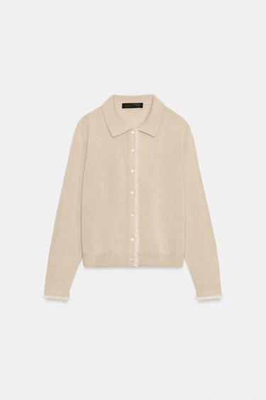 CARDIGAN WITH CONTRASTING LACE - Beige by Zara - Image 7