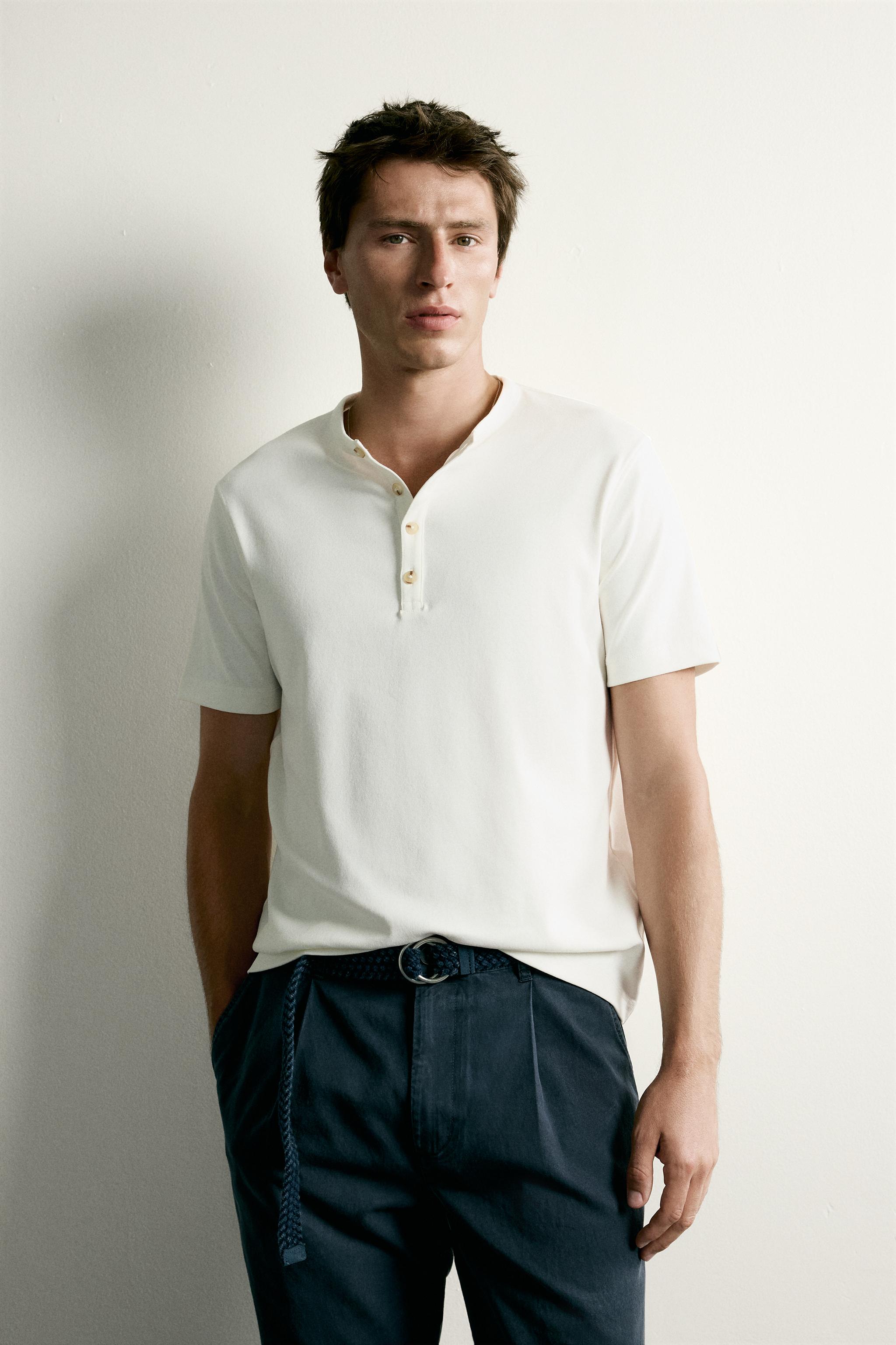 REGULAR FIT HENLEY T-SHIRT — Oyster-white