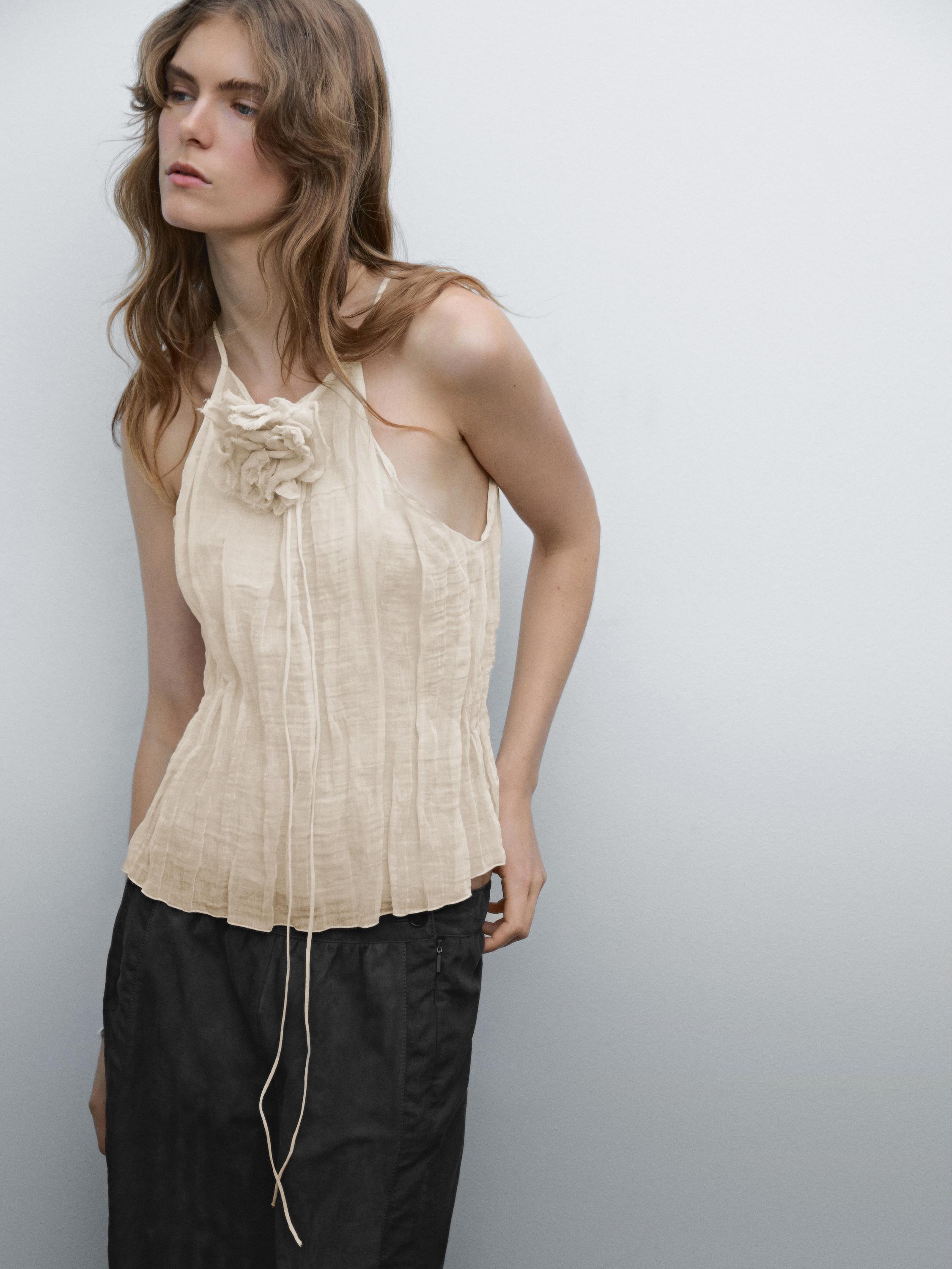 Halter top with floral detail - Oyster-white | ZARA United