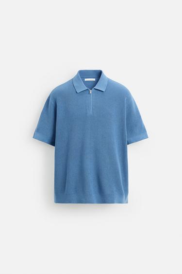 Zara PURL KNIT ZIPPER POLO SHIRT - Bluish