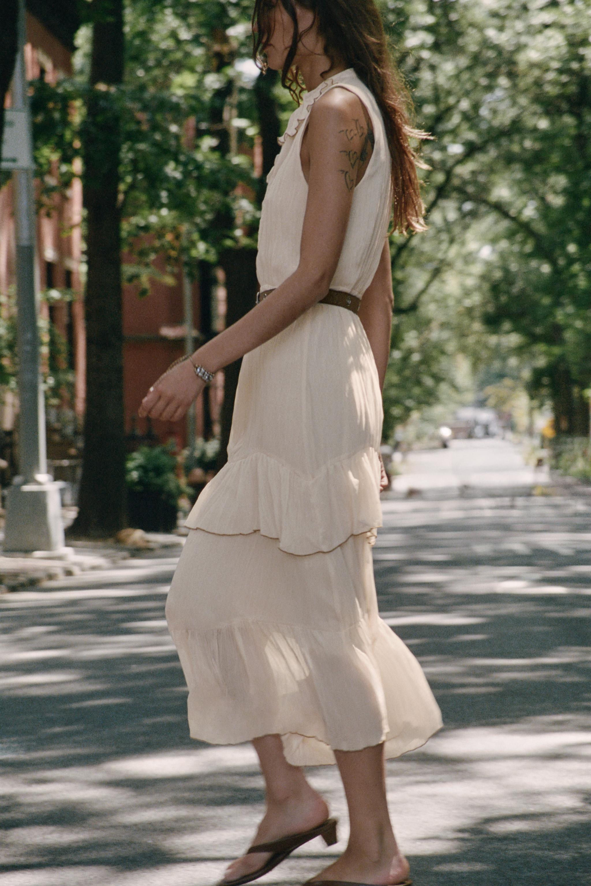 BELTED RUFFLED MIDI DRESS