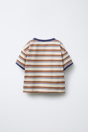 STRIPED T-SHIRT WITH TRIM - Brown / Ecru by Zara - Image 1