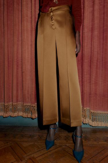 Zara SATIN EFFECT WIDE LEG PANTS - Caramel