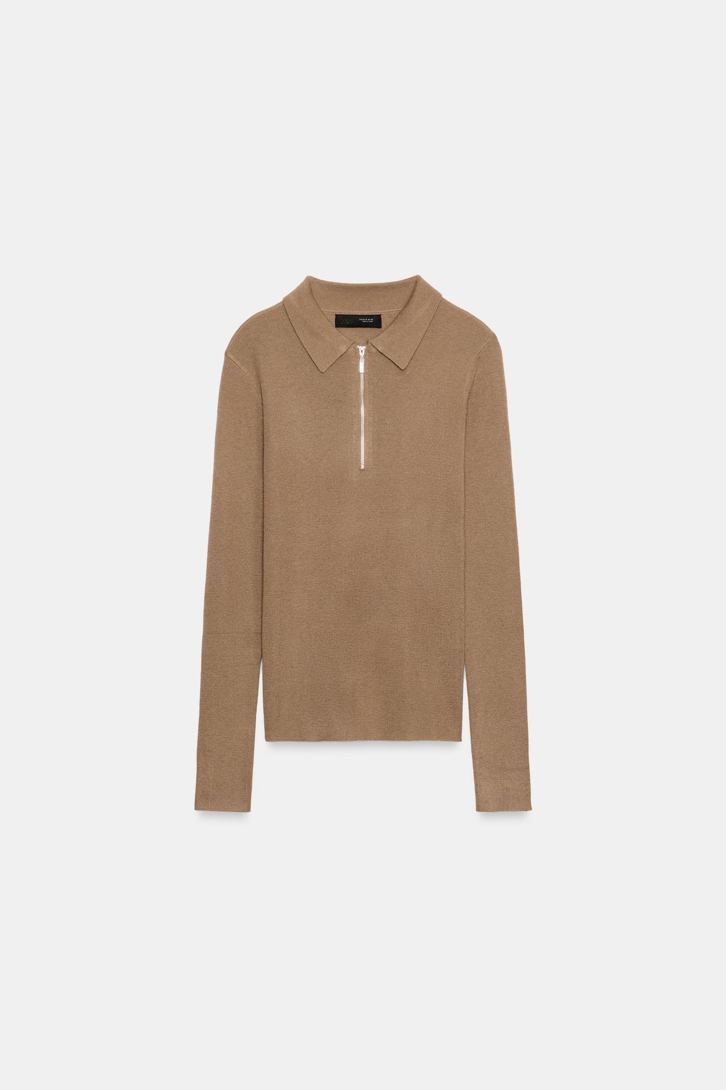 Женское поло Zara Zip-Up Knit Polo, цвет: Верблюжий — фото 6