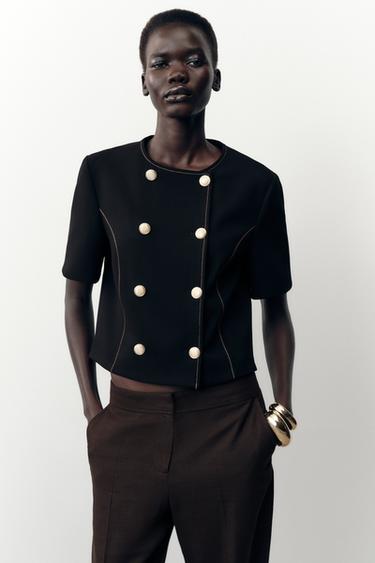 BLAZER MANGA CORTA PESPUNTES CONTRASTE - Negro de Zara