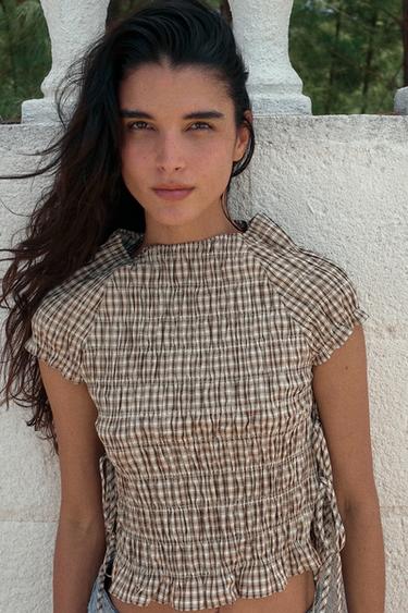 Zara PLAID POPLIN RUCHED TOP - Beige-brown