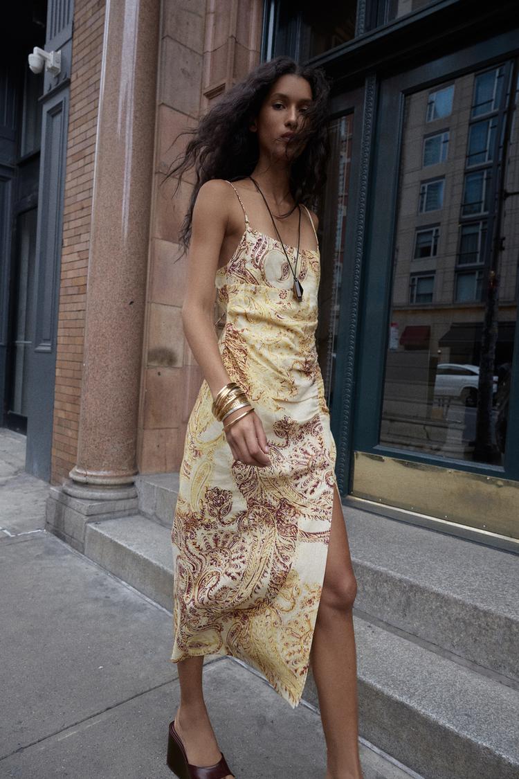 PRINTED MIDI LINEN BLEND DRESS