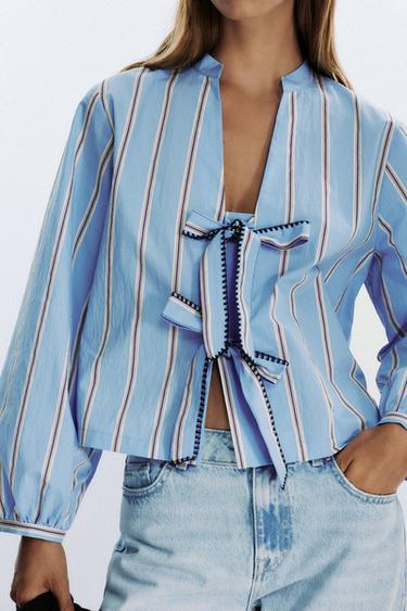 STRIPED POPLIN SHIRT WITH TIES - Sand / Blue by Zara - Image 3