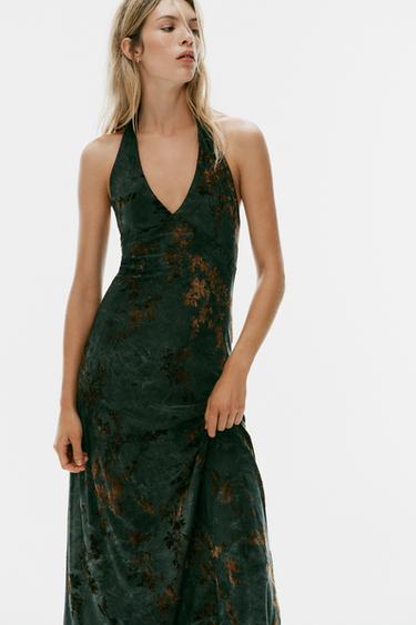 FLOCKED HALTER NECK LONG DRESS - Petrol blue by Zara
