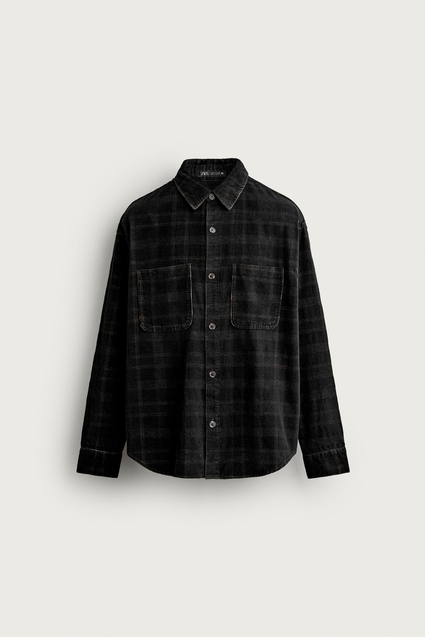 Мужская рубашка Zara Washed Plaid Corduroy, цвет: Чёрный / Белый — фото 7
