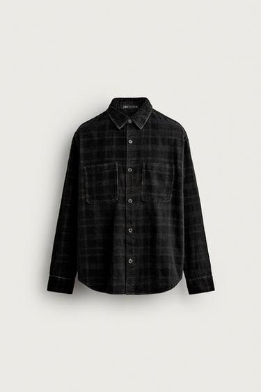 WASHED PLAID CORDUROY SHIRT — Black / White 1