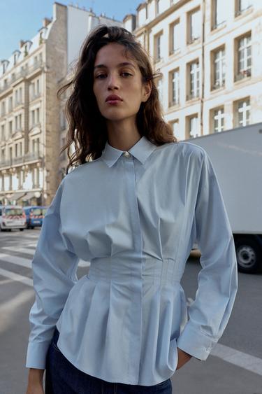 POPLIN SHIRT WITH PLEATS - Light blue by Zara - Image 0