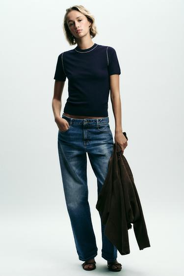 SHORT SLEEVE KNIT TOP WITH PIPED TRIMS - Navy blue by Zara