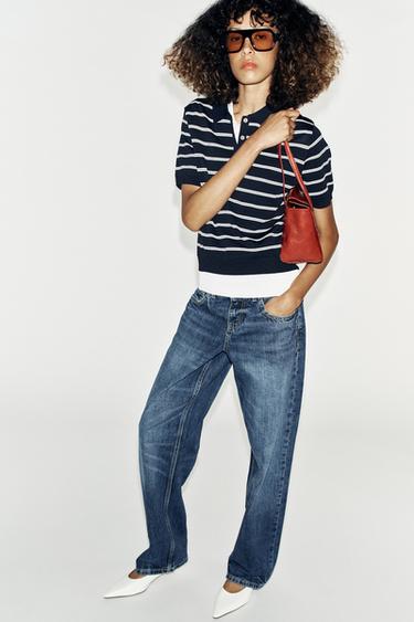 STRIPED KNIT SHORT SLEEVE POLO SHIRT - Navy blue by Zara - Image 0