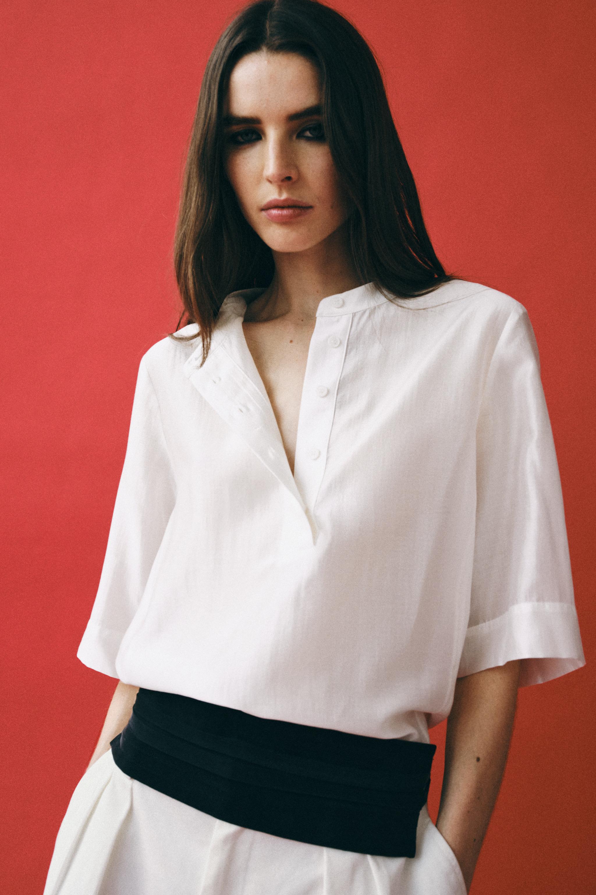 SHORT SLEEVE FLOWY BLOUSE ZW COLLECTION — Oyster-white (alternate view)