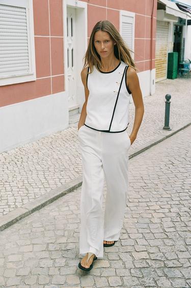 TOP WITH CONTRAST TRIMS - Ecru / Navy by Zara