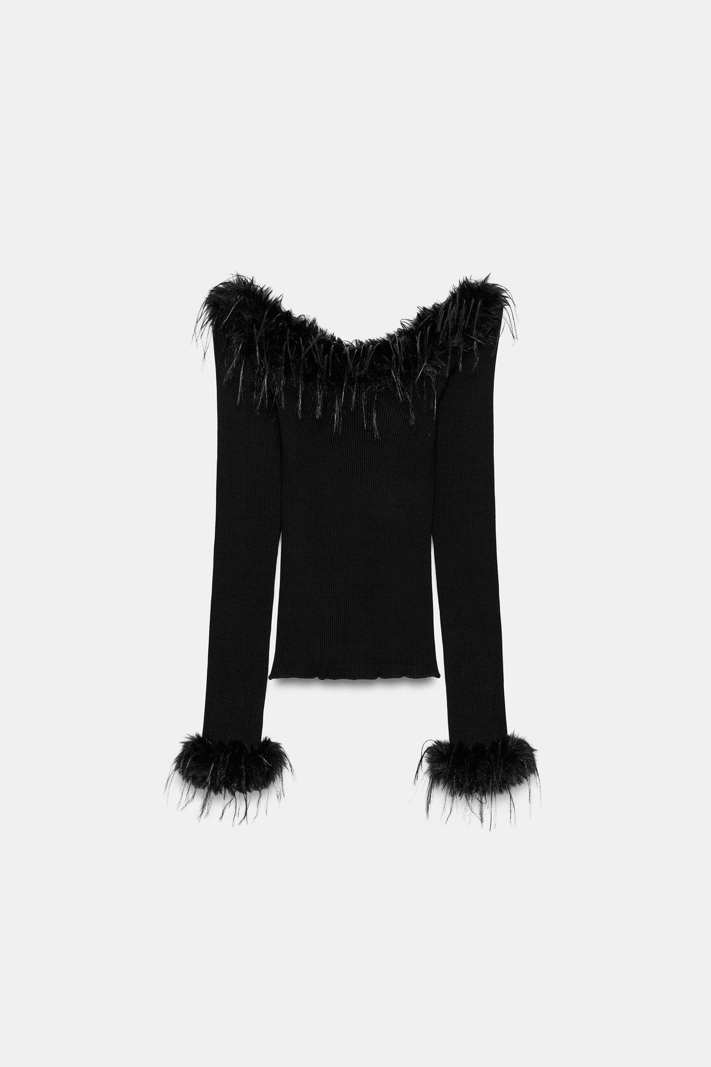 Женский топ Zara Faux Fur Combined, цвет: Чёрный — фото 8