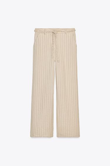 PANTALON RAYÉ CEINTURE TRESSÉE - Sable de Zara - Image 6
