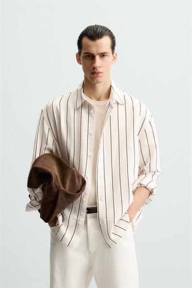 Zara MODAL BLEND STRIPED SHIRT - Beige