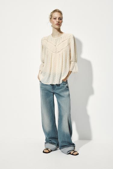 Zara ROMANTIC INSERT LACE BLOUSE - Ecru
