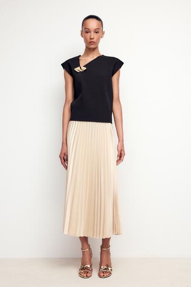 PLEATED SATIN MIDI SKIRT - Stone by Zara