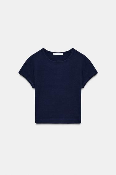 Zara CROPPED SHORT SLEEVE T-SHIRT - Navy blue