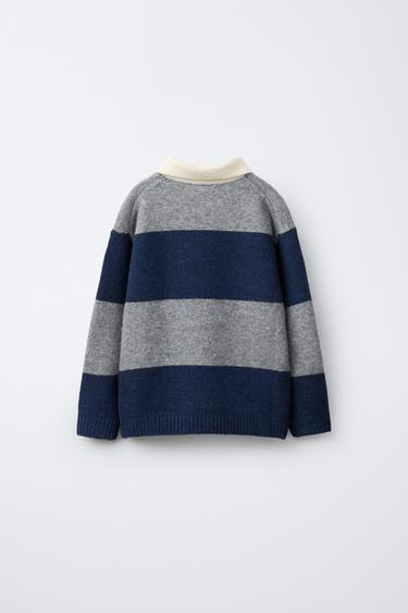 PULL POLO EN MAILLE À RAYURES - Gris / Bleu de Zara - Image 1