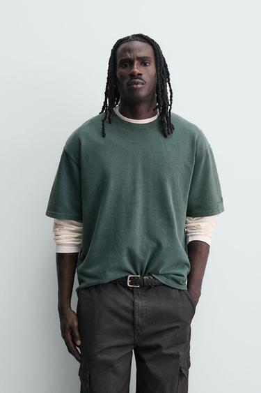 WASHED WAFFLE-KNIT T-SHIRT - Green by Zara