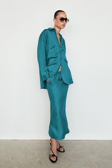 Zara Flowing satin shirt with pockets - Blue / Green