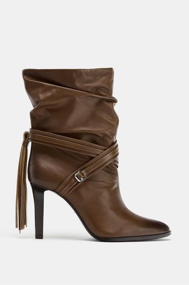 LEATHER ANKLE BOOTS WITH FRINGING - Brown by Zara
