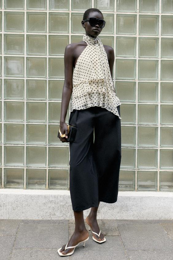 RUFFLED HALTER NECK TOP WITH DOTS - Ecru / Black by Zara - Image 0