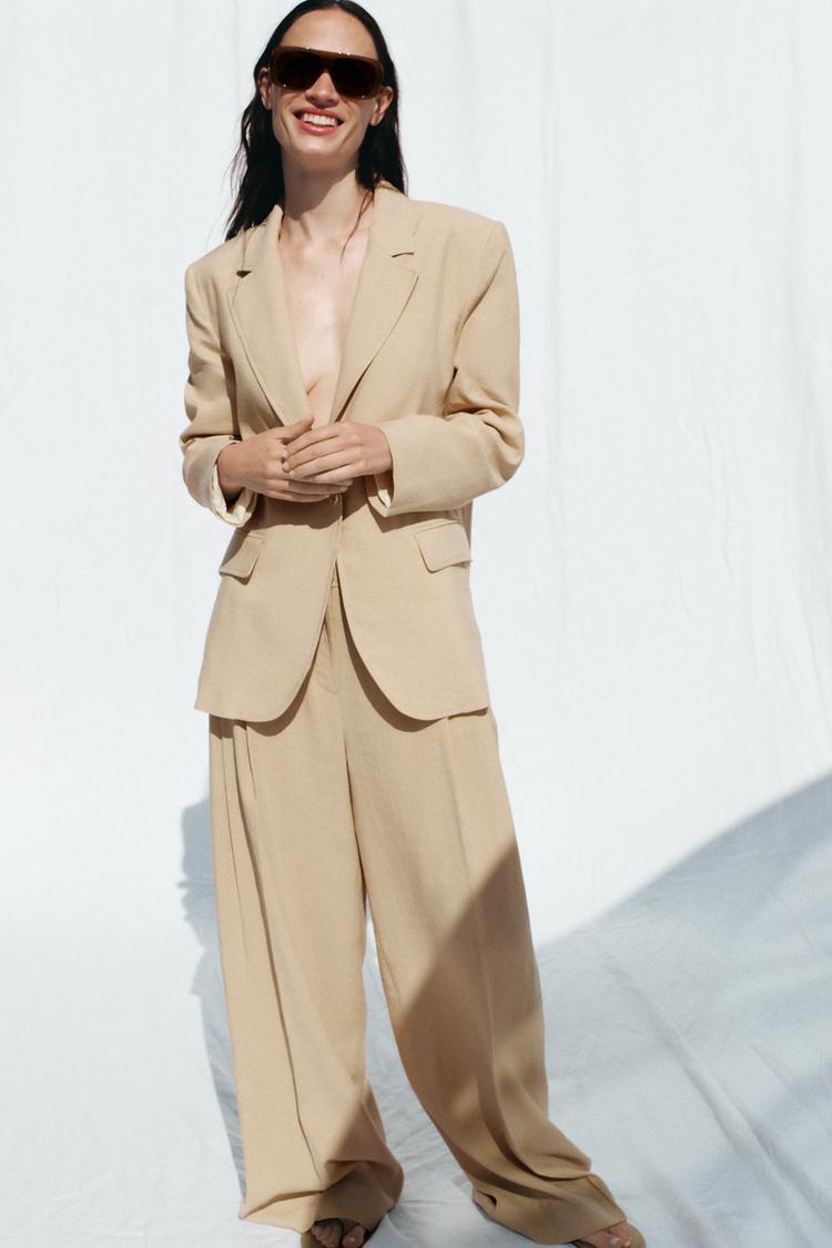 Lino Beige Suit Pantaloni Con Pinces Uomo Zara PANTALONI LARGHI