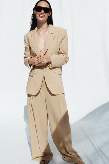 Zara WIDE LEG LINEN PANTS WITH DARTS - taupe brown