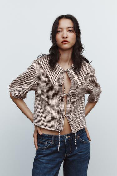 Zara BIB COLLAR GINGHAM SHIRT - Khaki