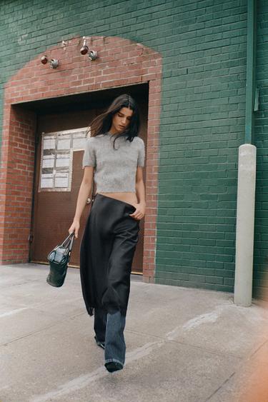 Zara SATIN EFFECT LACE MIDI SKIRT - Black