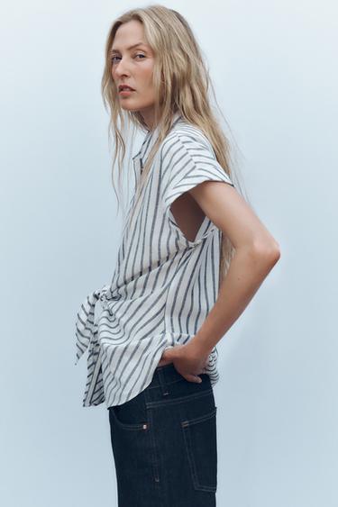 CHEMISE À RAYURES NŒUD AVEC LIN - Bleu / Blanc de Zara - Image 3
