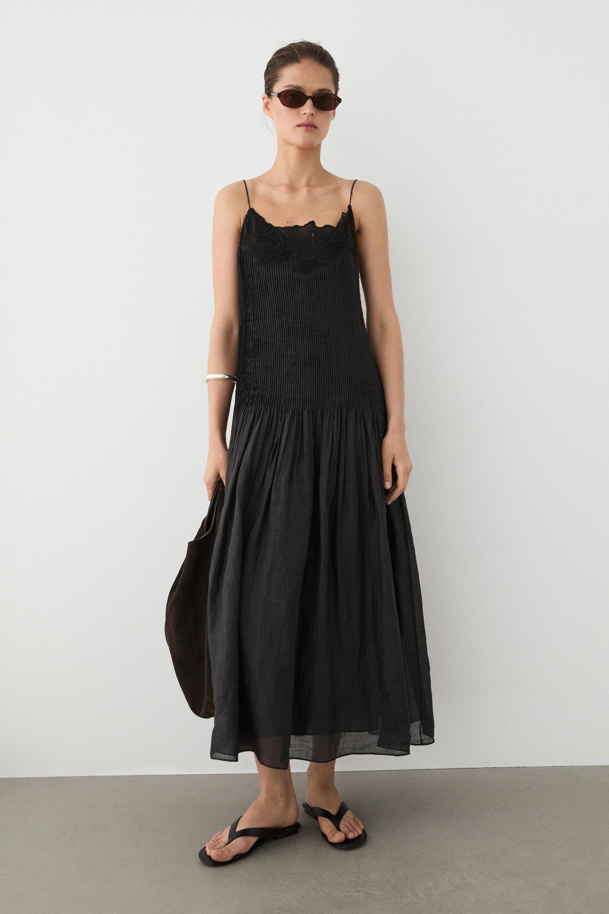 Flowing embroidered midi dress with pintuck detail