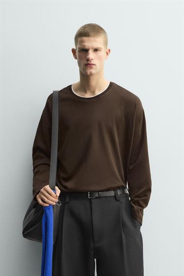 T-SHIRT WITH CONTRAST DOUBLE-LAYER DETAILING - Brown by Zara
