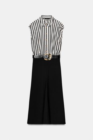 VESTIDO MIDI COMBINADO RAYAS CINTURÓN - Crudo / Negro de Zara
