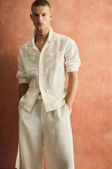 بنطلون بقصة مريحة 100% كتان بحزام - أبيض مكسور by Zara