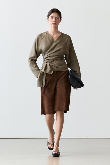 Chemisier 100 % lin à nouer - Vert de Zara